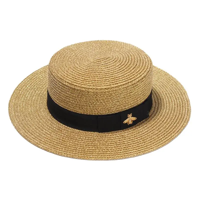 Ladies Sun Fedora Hats Small Bee Shiny Straw Hat European American Retro Gold Braided Female Sunshade Flat Sequins Hat