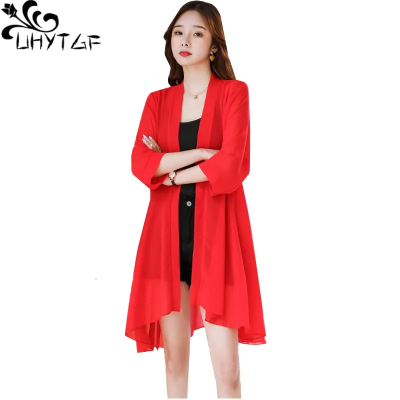 UHYTGF 2020 New Summer Jacket Womens Fashion Cardigan Shawl Thin Sunscreen Clothing Chiffon Soft 2XL Loose Size Tops Coat 1119