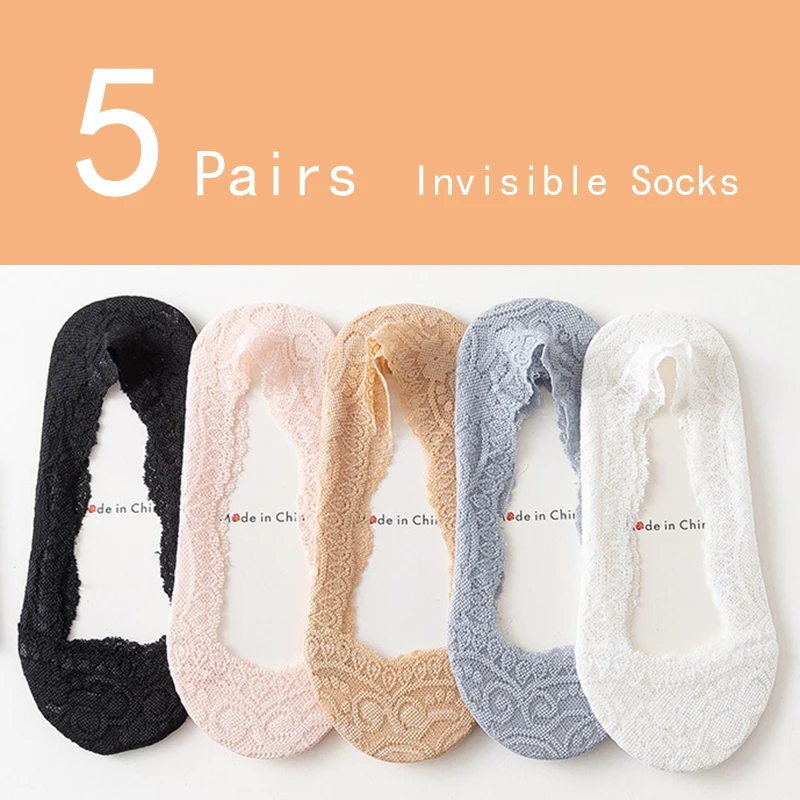 5 Pairs Lace High-heeled shoes socks non-slip Summer for Women ladies  letter Invisible Solid Color Short Ankle Boat Fruits