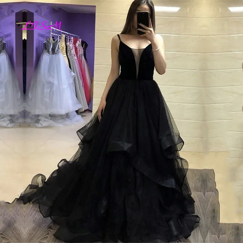 Vestido de baile de formatura preto cintas de espaguete babados princesa tule vestidos de noite elegante trem varredura formal vestidos feitos sob encomenda