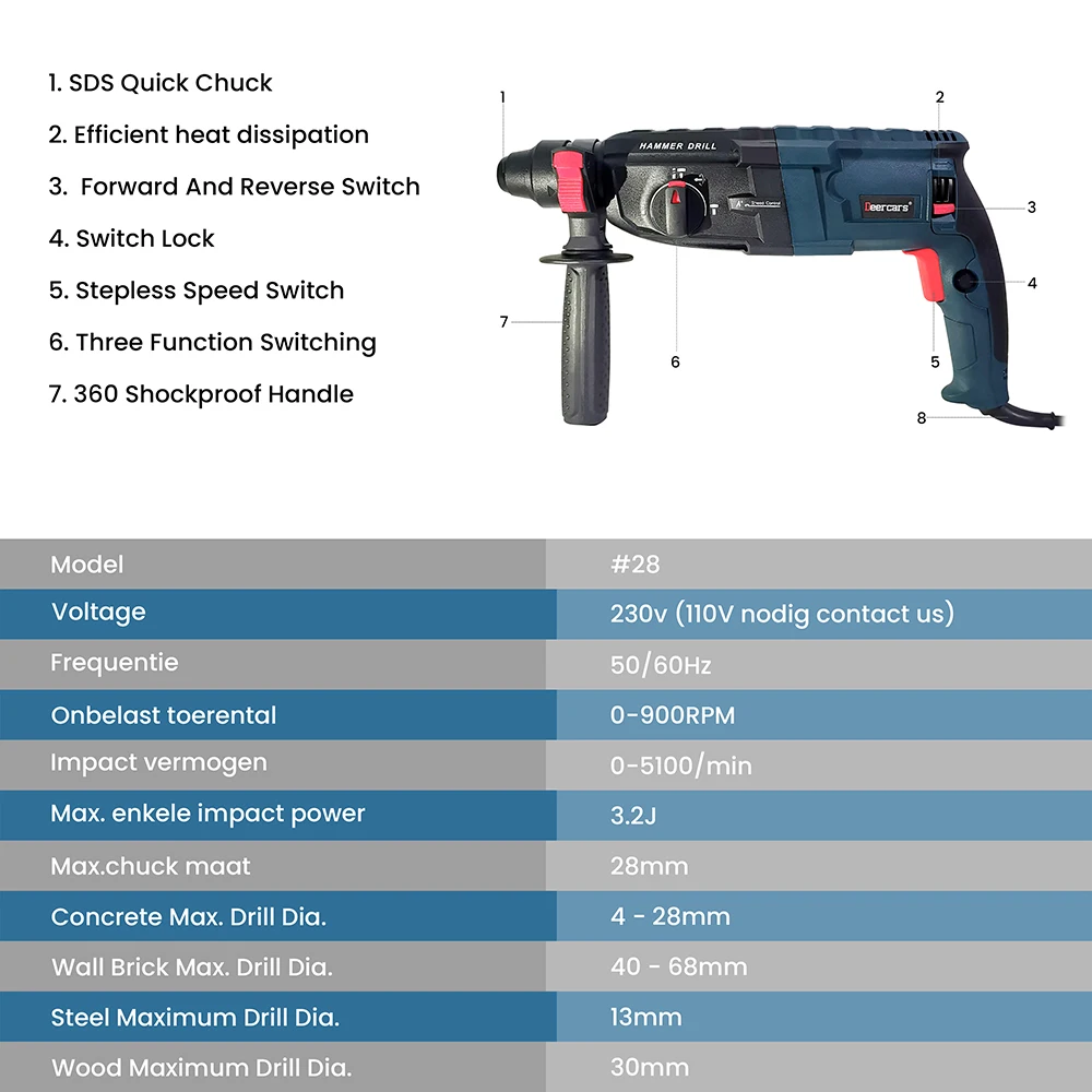 220V Electric Rotary Impact Hammer Drill 28mm 26mm Three Function Home Concrete Wall Breaker Hole Open Power Tools Chisel Shovel