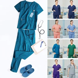 Nurse Scrub Set Uniform Solid Workwear Nursing Doctor Scrubs Uniforms V Neck Drawstring Waist Polyester Cotton Scrub Sets 8020-2
