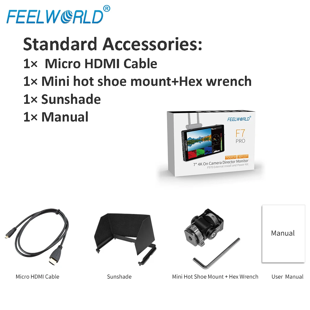 FEELWORLD F7 PRO Camera Monitor 7 Inch 3D LUT Touch Screen 4K 60Hz DSLR F970 External Power Install Kit 1920X1200