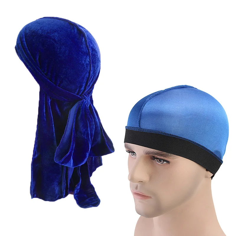 New Men\'s velvet Durag and silky dome cap women printing Bandana Headwear Bonnet Cap Sleeping Hat 2 pieces Couples Waves Cap