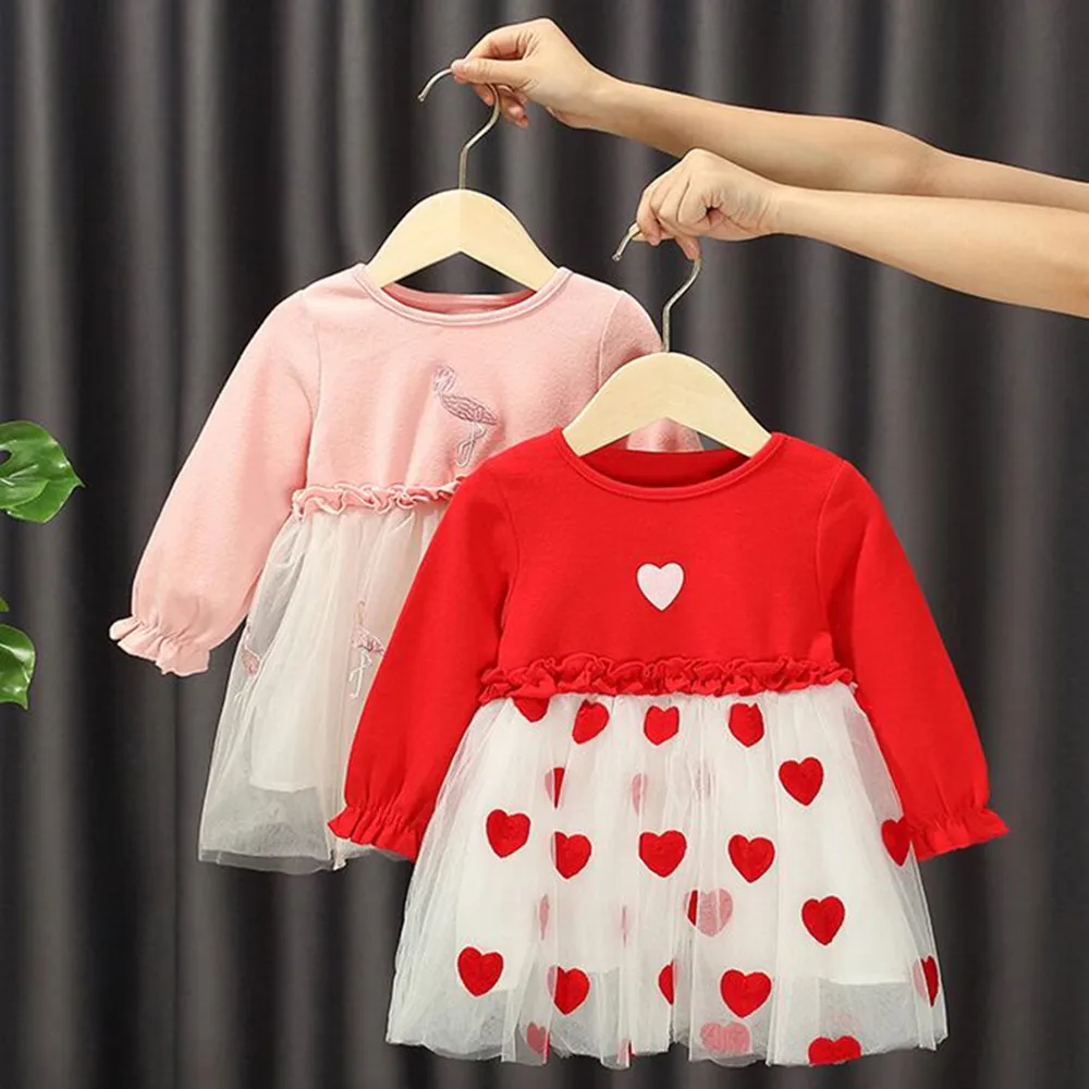 2-6Years Toddler Baby Kid Girls Dress Long Sleeve Ruffles Love Tutu Party Dresses For Girls 2021Spring Costumes T-shirt Clothes