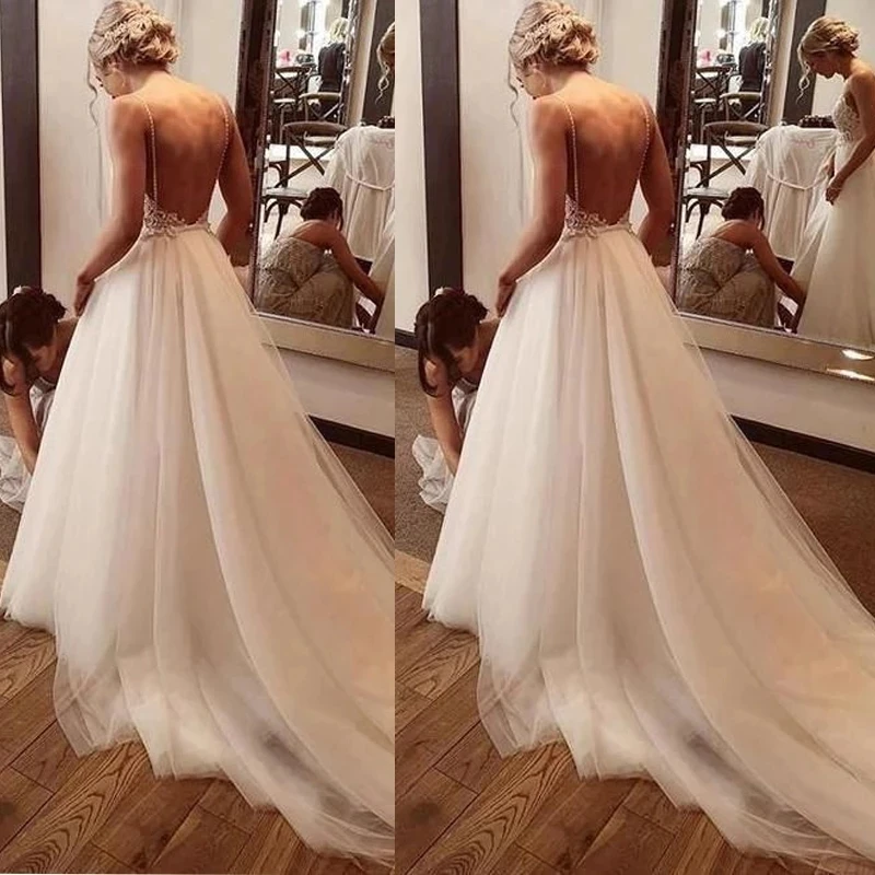 

2021 Modern Bridal V-Neck Wedding Dresses Robe de mariee Sexy Backless Appliques Simple Design Formal Bride Vestidos De Novia