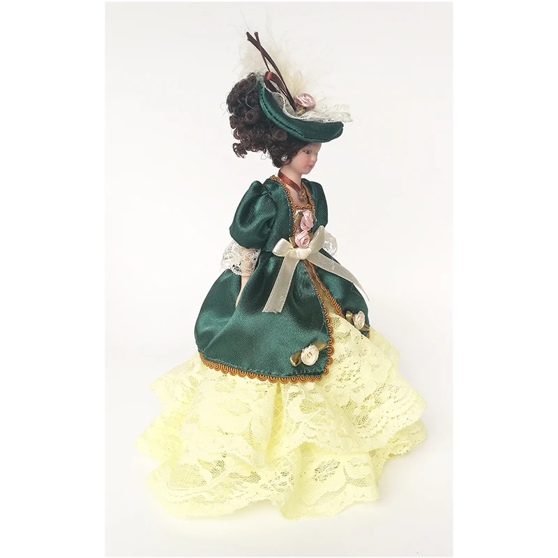 1/12 Dollhouse Miniature Porcelain Victorian Doll Model Green Dress Miss Lady PP007B