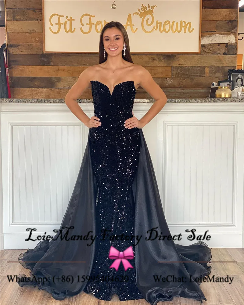 Schwarz Meerjungfrau Prom Kleider 2022 Lange Abnehmbaren Rock Zug Roter Teppich Promi Kleid Sparkly Pailletten Abend Party Kleider