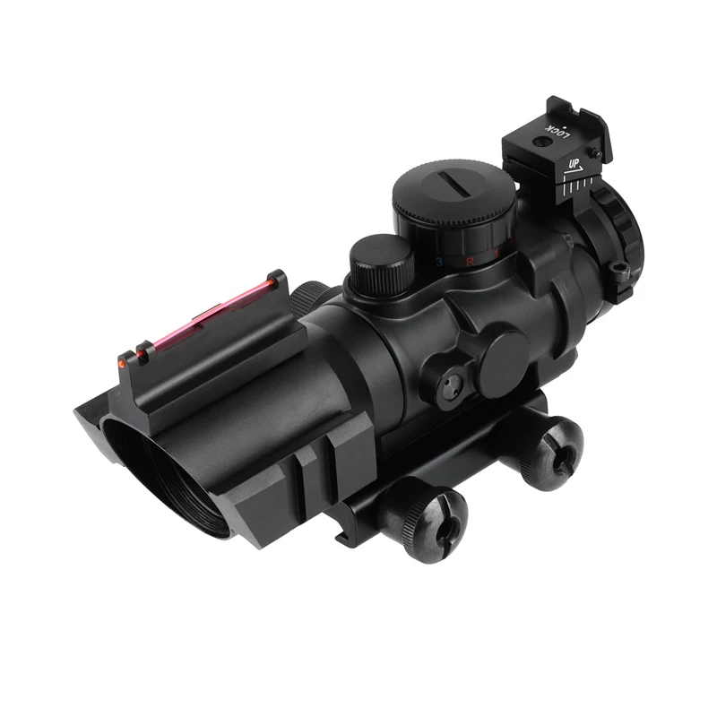 FOCUHUNTER Optics 4x32 Prism Scope Red Green Blue Tri-illuminated 4X Magnification Hunting Fiber Sight Double Side Mounting 20mm