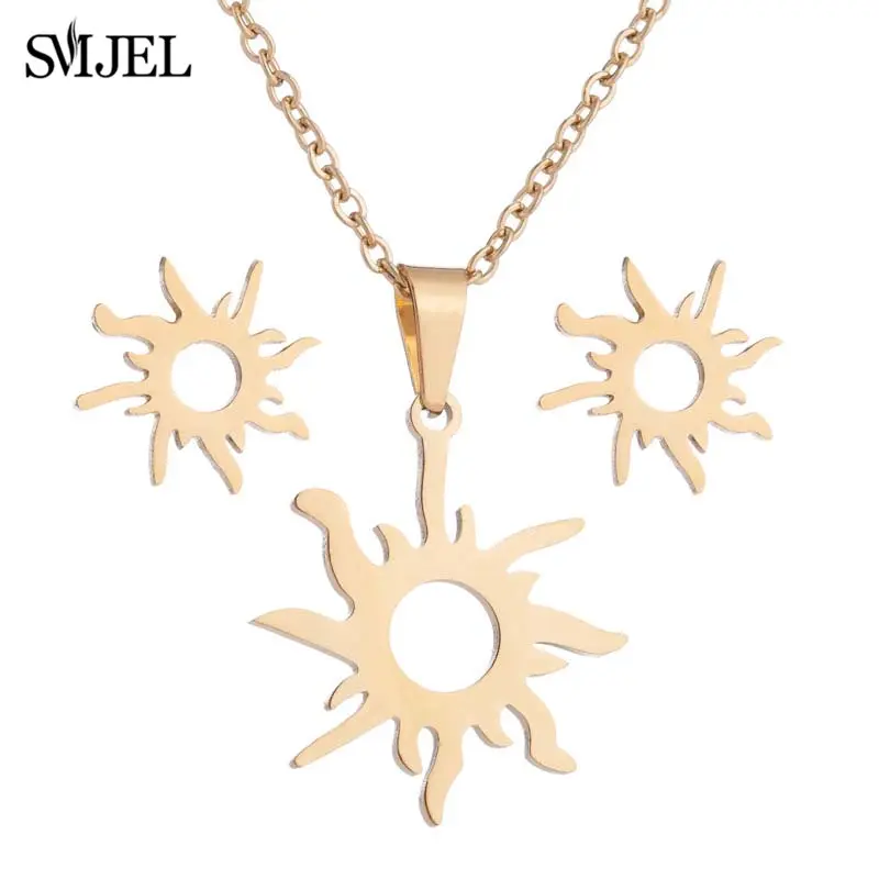 Stainless Steel Necklace Set Ethnic Sun Totem Pendent Necklaces For Women Birthday Party Fashion Crescent Star Earrings Jewelry