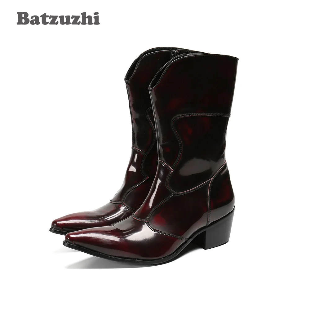 Batzuzhi Western Cowboy Men's Boots Medium-Calf Leather Boots Men Motorcycle Botas Militares Punk Boots Men Party, Big Size 6-12