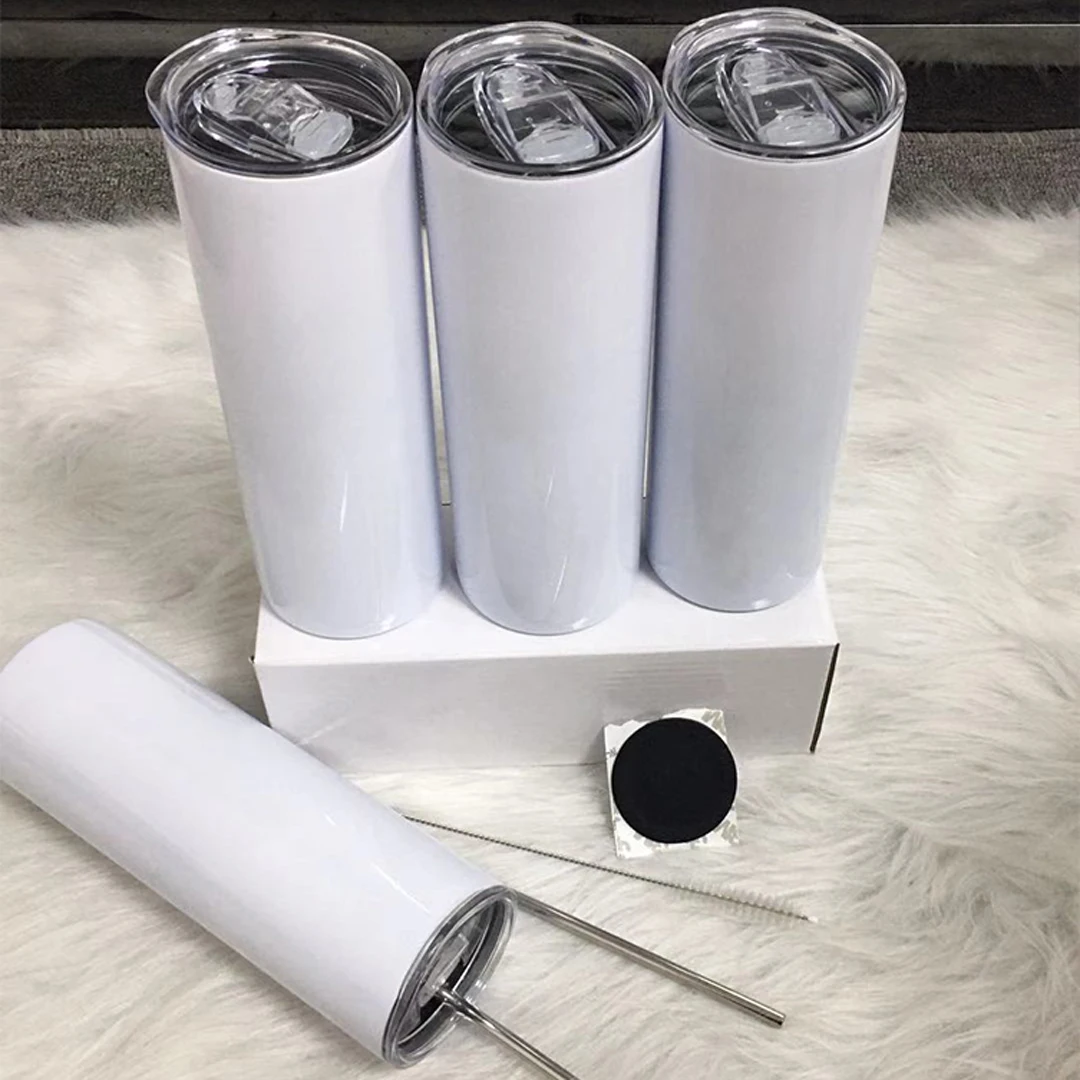 Wholesale 20oz White Blank Straight Skinny Tumbler With Metal Straw Brush Rubber Coaster Doubel Wall Thermos Cup For Party Gift