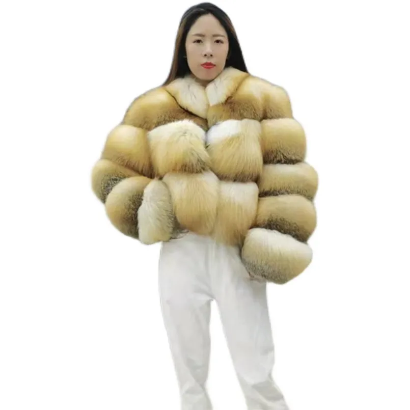 Winter Outdoor Outwear Real Golden Island Fox Fur Coats Full Pelt Whole Skin Thick Warm Fluffy Jacket