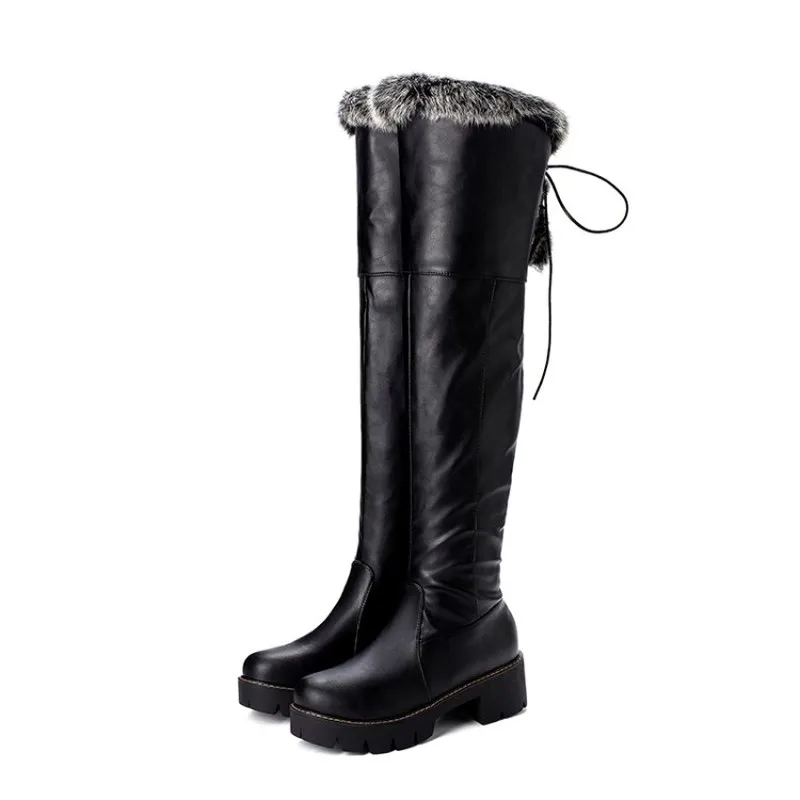 winter The New Rabbit hair fashion Round head High tube Over the knee boots Plus velvet Keep warm High heel Women boots