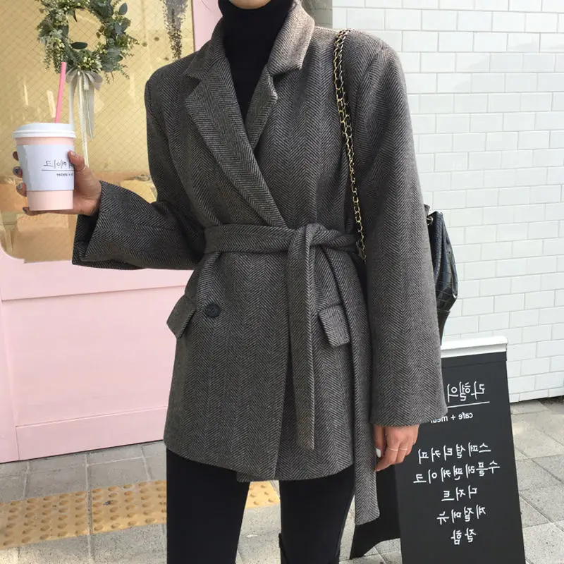 Korean Herringbone Suit Collar Woolen Coat Fall/Winter Slim Plaid Women Clothing Vintage Thickened Elegant Woolen Overcoat Women