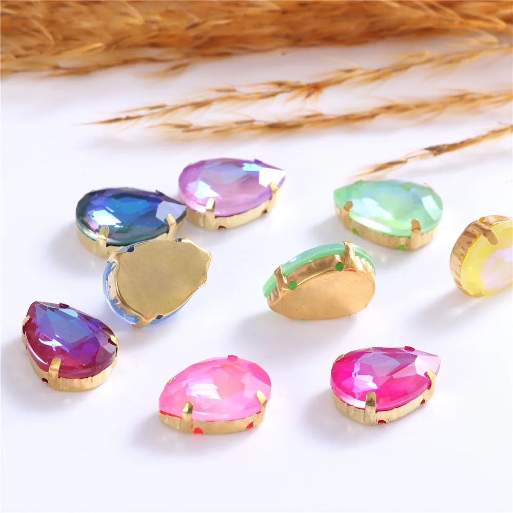 New Teardrop Glass Sew On Rhinestones With Gold Claw Glitter Crystals Stones For Sewing Clothes Shoes Diy 10x14mm 13x18mm