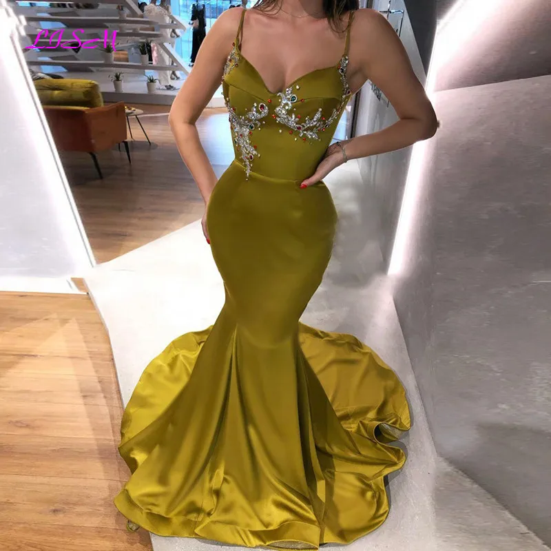 Mermaid Long Evening Dresses Beaded Crystals Spaghetti Straps Satin Prom Gowns Sexy Formal Party Dress