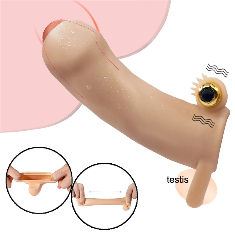 

Vibrating Male Condom Penis Enlargement Enlarger Reusable Scrotum Binding Cock Ring Delay Penis Sleeve Intimate Sex Toys for Men