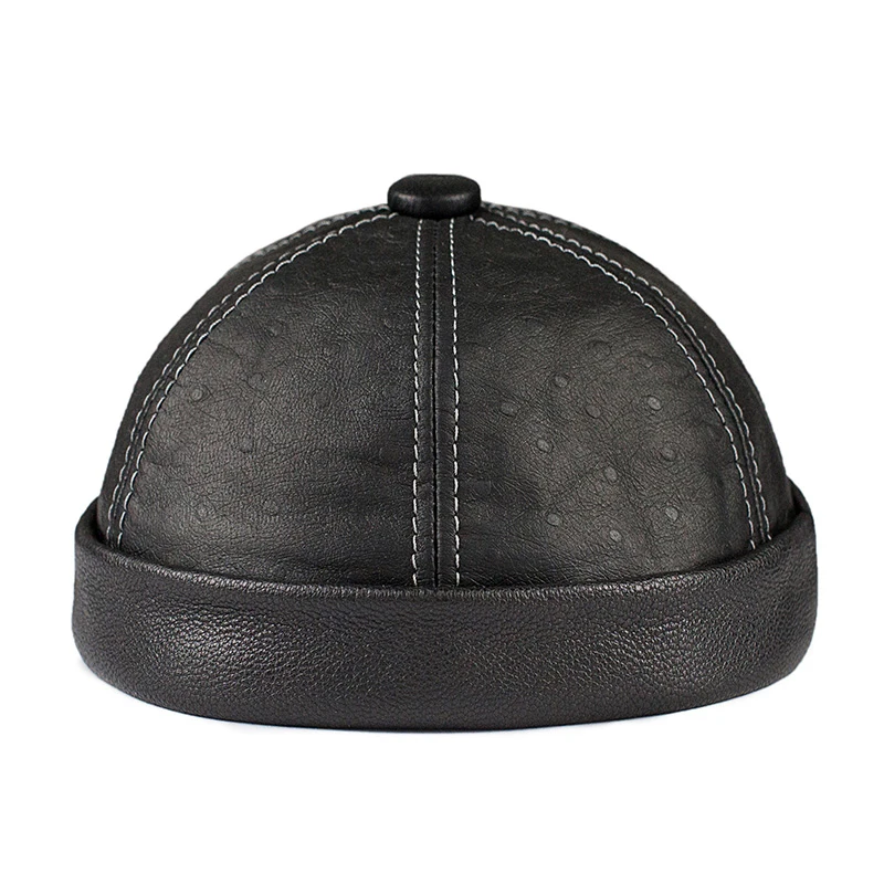 

Distressed Real Leather Small Dots Print Round Hat for women Male Hexagon Retro Caps Students Kpop Brimless Dome Beanies