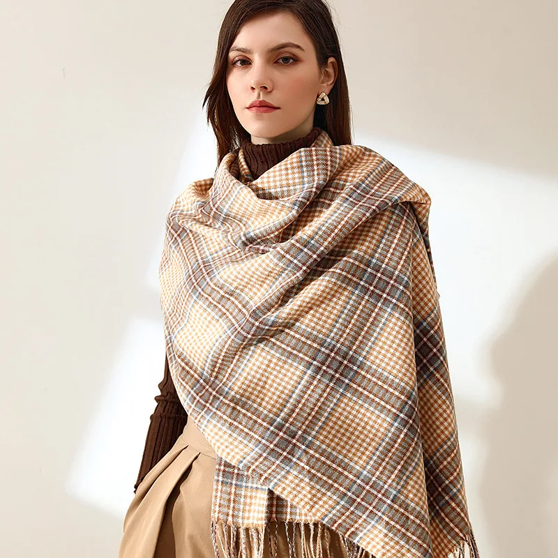 Women Cashmere Plaid Wraps Chal Warm Pashmina Scarf Designer Bandana Classic Tassel Foulard Blanket Plus Size Muffler Echarpes