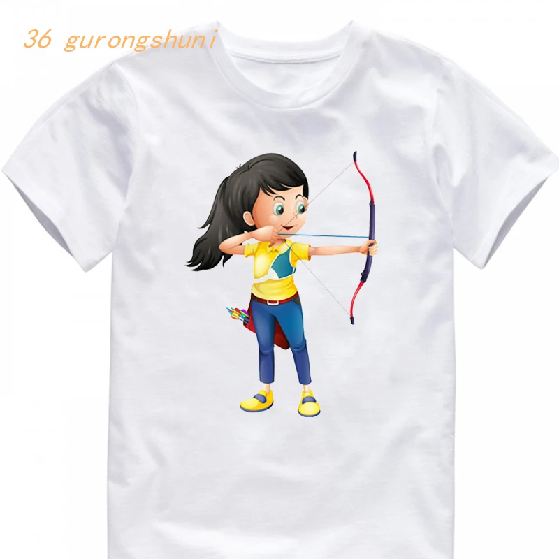 funny cartoon t shirt boys t shirts young girl playing archery t-shirts white tops for girls shirts kids tshirt children clothes