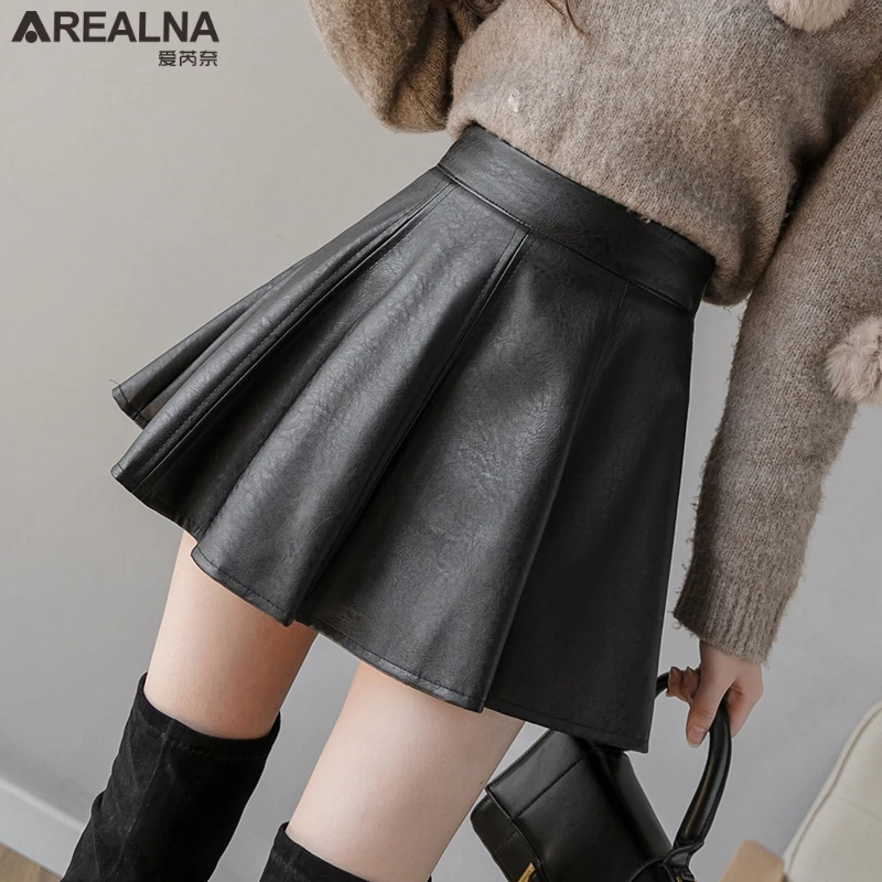 

Black Mini Leather Pleated Skirt Korean High Waist Umbrella Tennis Skater Skirts Womens Chic Dance Sexy Short Skirt Mujer Faldas