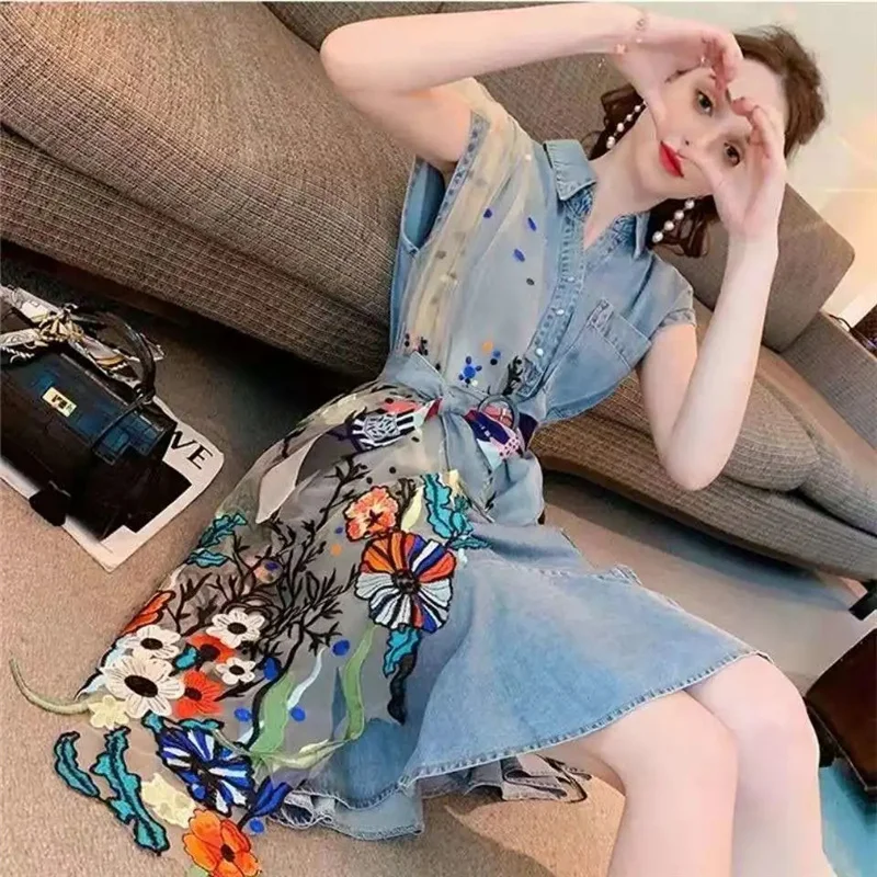 Denim dress summer female French retro waist thin temperament goddess Fan mesh stitching denim dresses women blue 143