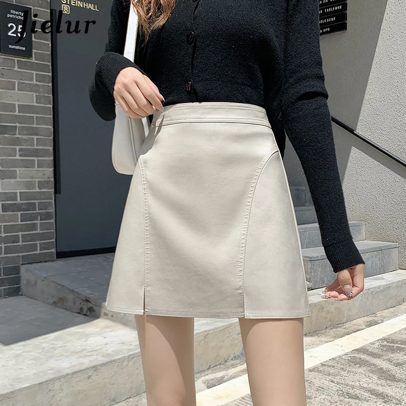 Jielur Casual Korean Style Khaki Mini spódniczka A-line Lady Office beżowa spódnica 2021 jesienno-zimowa urocza czarna spódnica z zamkiem błyskawicznym S-XL