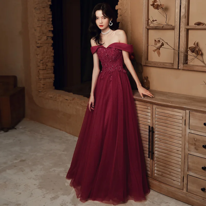 

Bride Burgundy Wedding Dresses Women Elegant Off-shoulder Appliques Sequin Beading Luxury Party Toast Gowns