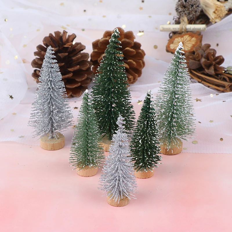 3 Pieces Christmas Tree Mini Pine Tree With Wood Base DIY Home Table Top Decor Miniatures S/L (7/9cm )