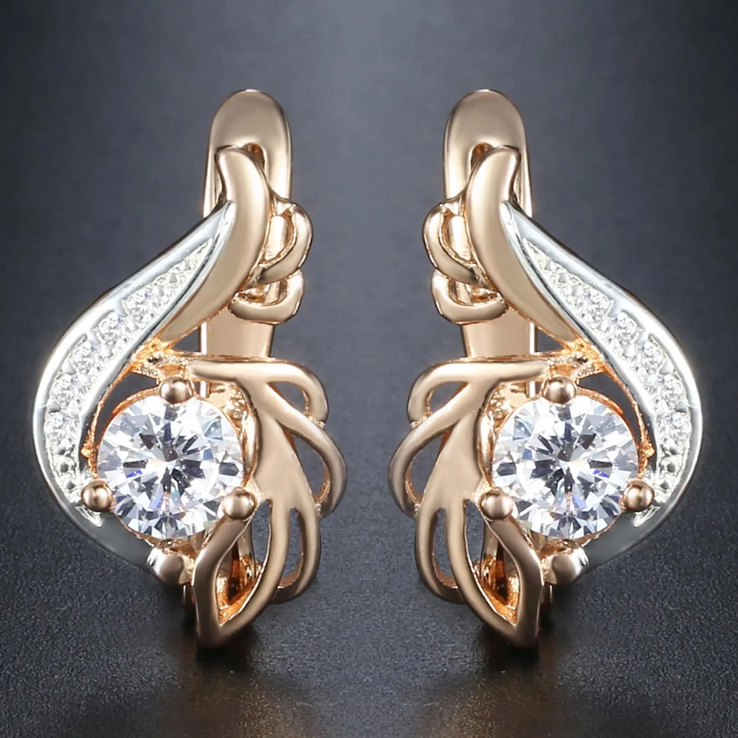 Davieslee Round Clear CZ Dangle Earrings for Women Cubic Zirconia 585 White Rose Gold Color DGE104
