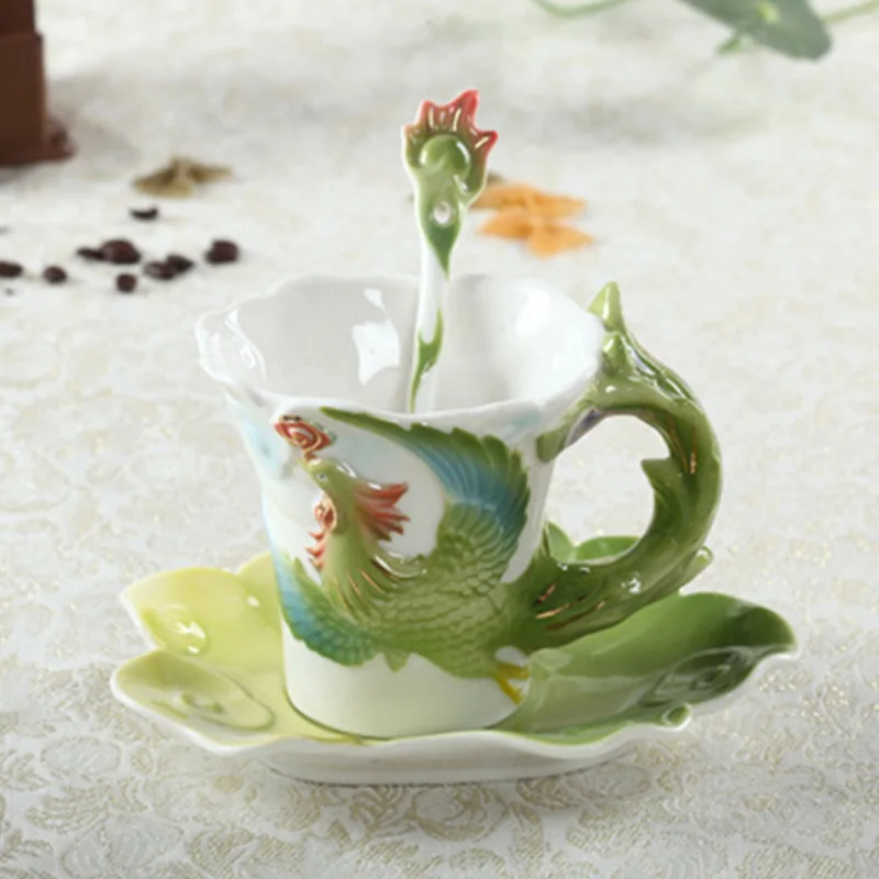 Dragon-Phoenix Coffee Mugs With Saucer Spoon 3D Handmade Porcelain Cups Hot Breakfast Tea Water Bottle Christmas Birthday Gift