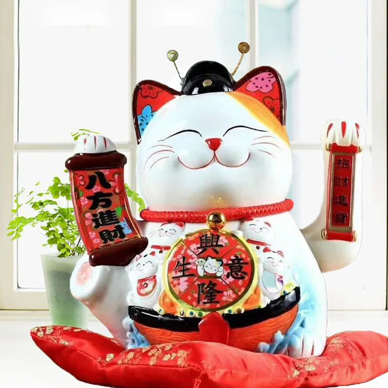 15Inch Handicraft Waving Hand Lucky Cat Fortune Cat Gift Maneki Neko Welcoming Feng Shui Crafts Money Box Home Store Decoration