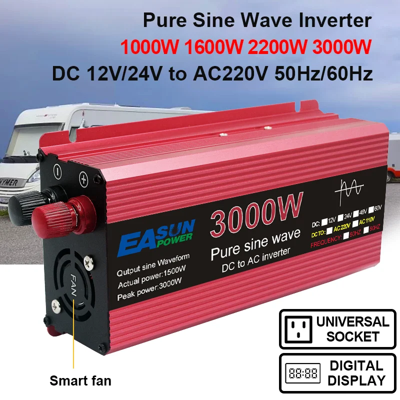 1KW 1.6KW 2.2KW 3KW Power Inverter 12V 220V DC To AC Pure Sine Wave Solar Inverter Transformer 50hz 60hz 24Volt Inversor