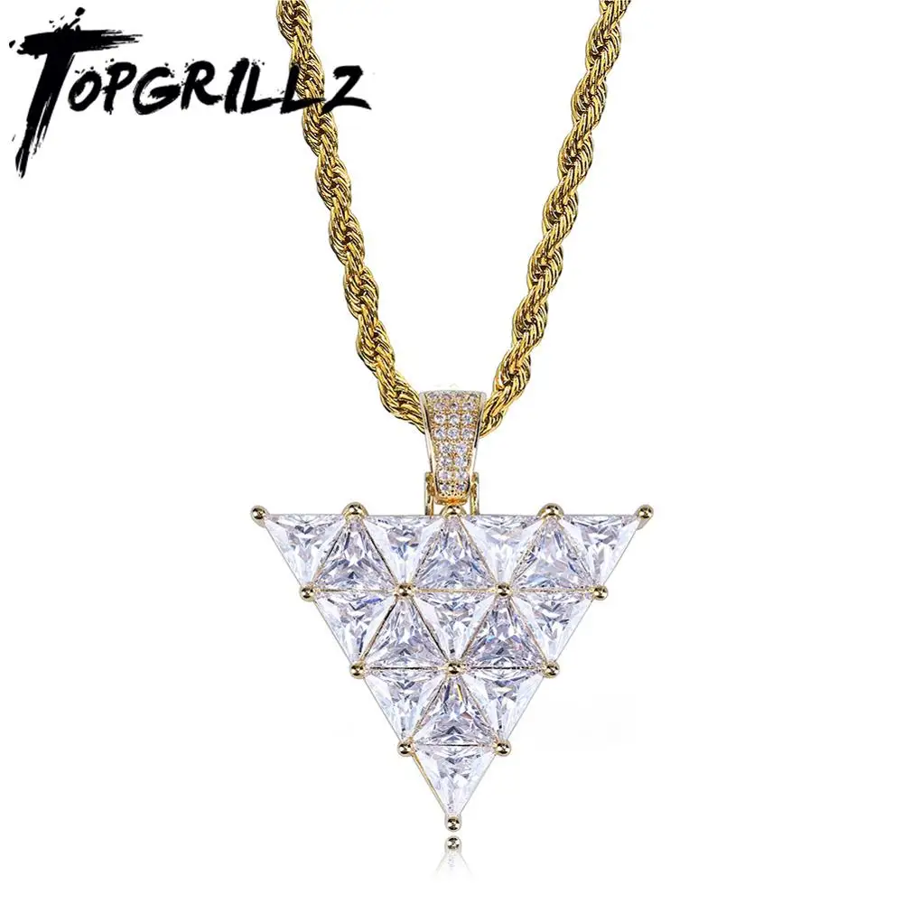 TOPGRILLZ Inverted Triangle Pendant High Quality Copper Gold Color Plated Micro Pave Cubic Zirconia Hip Hop Charm Jewelry Gift