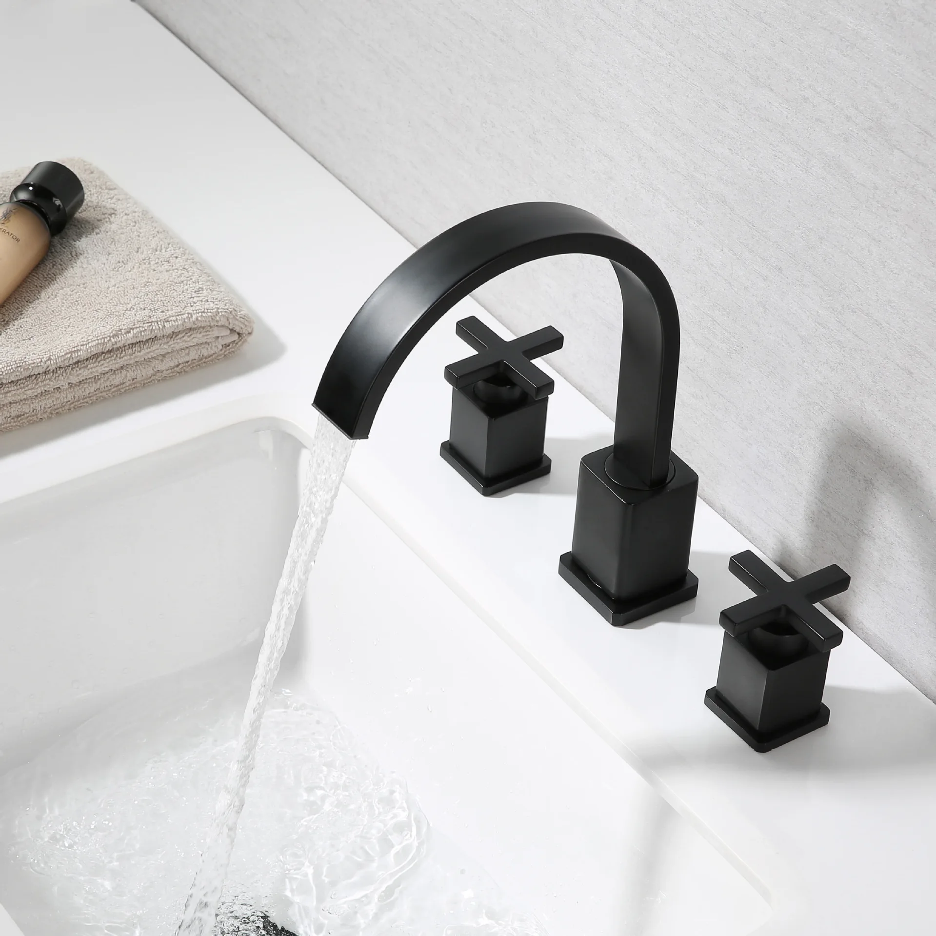 Black solid brass bathroom sink faucet cold  hot water mixer faucet three holes two handles with drainer