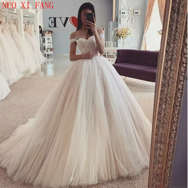 Linha a do vintage vestido de casamento de tule plissado 2020 vestido de noiva de noiva fora do ombro sem mangas vestidos de noiva de casamento robe de mariee