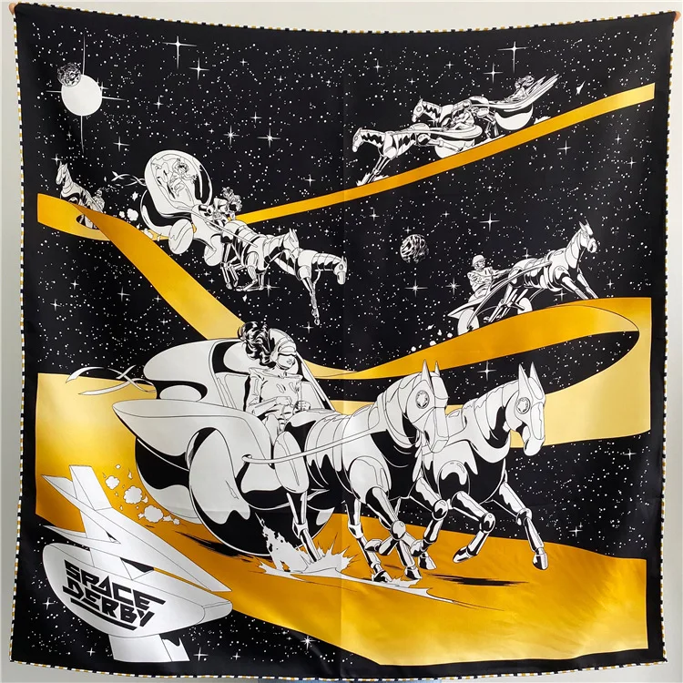 Mulberry Silk Scarf 90*90cm Square Silk Twill Scarf Luxury Silk Head Scarfs For Women Space Horse Hand-rolled Edges Bandana