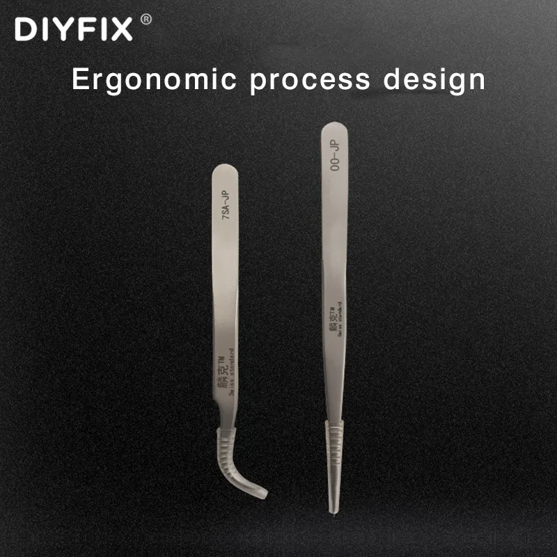 DIYFIX Stainless Steel Tweezers For Electronic Industrial Caved Straight Tweezers Precision Repairing Hand Tool Sets