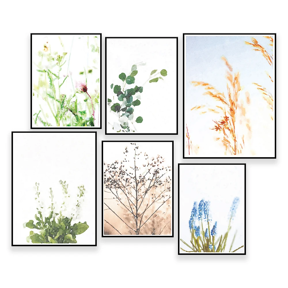 Botanical Prints, Eucalyptus, Wheat, White Flowers, Grass, Blue Hyacinth, Wildflowers, Branches, Neutral Wall Art