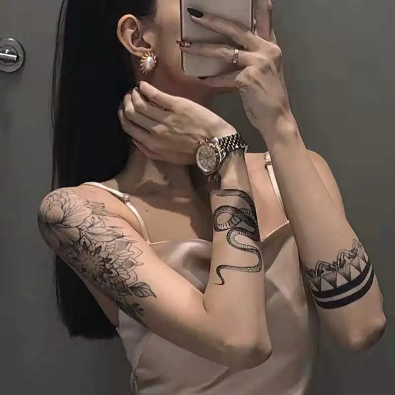100pc Flower Arm Snake Waterproof Temporary Tattoo Sticker Men Women Big Size Black Cool Fashion Personality Art Fake Tattoo Set