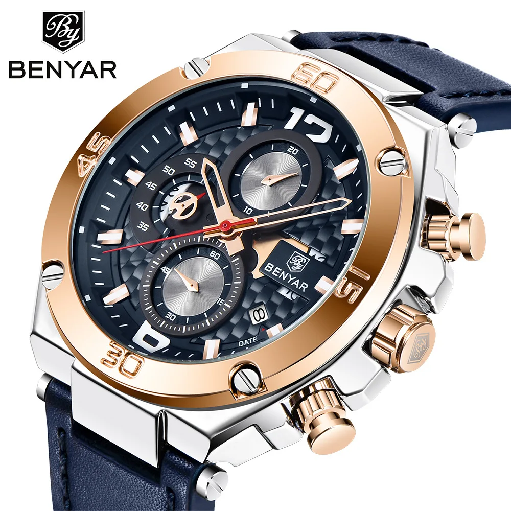 

BENYAR Men Quartz Watch Luxury Military Sport Chronograph Business Waterproof Leather Watches Relogio Masculino