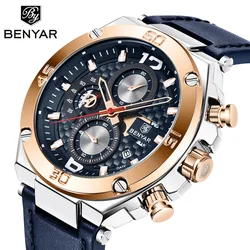 BENYAR Men Quartz Watch Luxury Military Sport Chronograph Business Waterproof Leather Watches Relogio Masculino