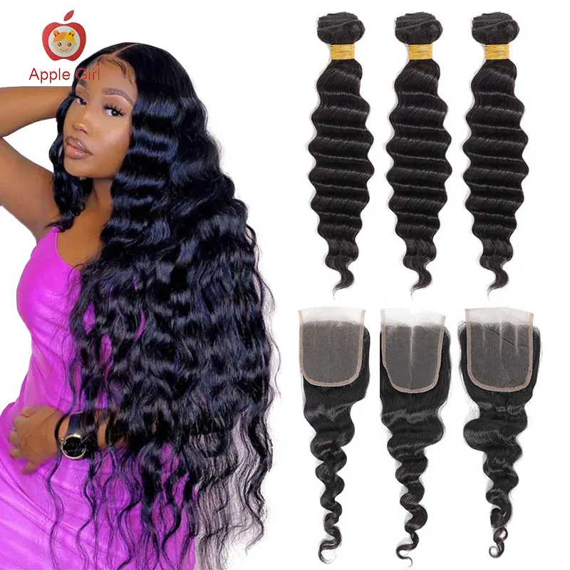 

Malaysian Loose Deep Wave Bundles With Closure Transparent Lace Closure With Bundles Applegirl Remy Human Hair 30 Inch