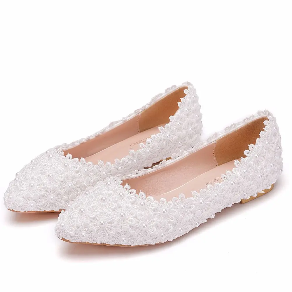 Sexy Women Flats Ballet Shoes Cut Out LeatherWhite lace and pearl flat wedding shoes Women Boat Shoes Ballerina Ladies Casual