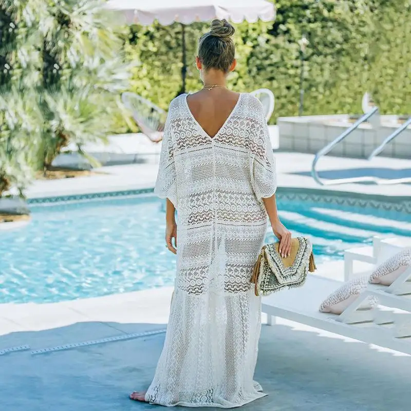 TEELYNN 2022 biała szyfonowa okrycie plażowe w górę luźna sukienka koronkowy haft bikini Cover-Up Swim bluzki Robe Casual Boho kostiumy kąpielowe