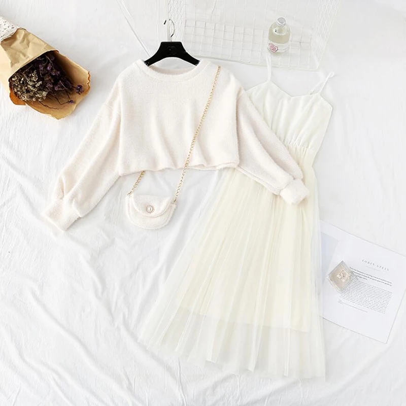 Autumn Winter Suit Women Dress Two Piece Set Casual 0-Neck Sweet Sling Mesh Midi Dress Long Sleeve Elegant A-line Vestidos