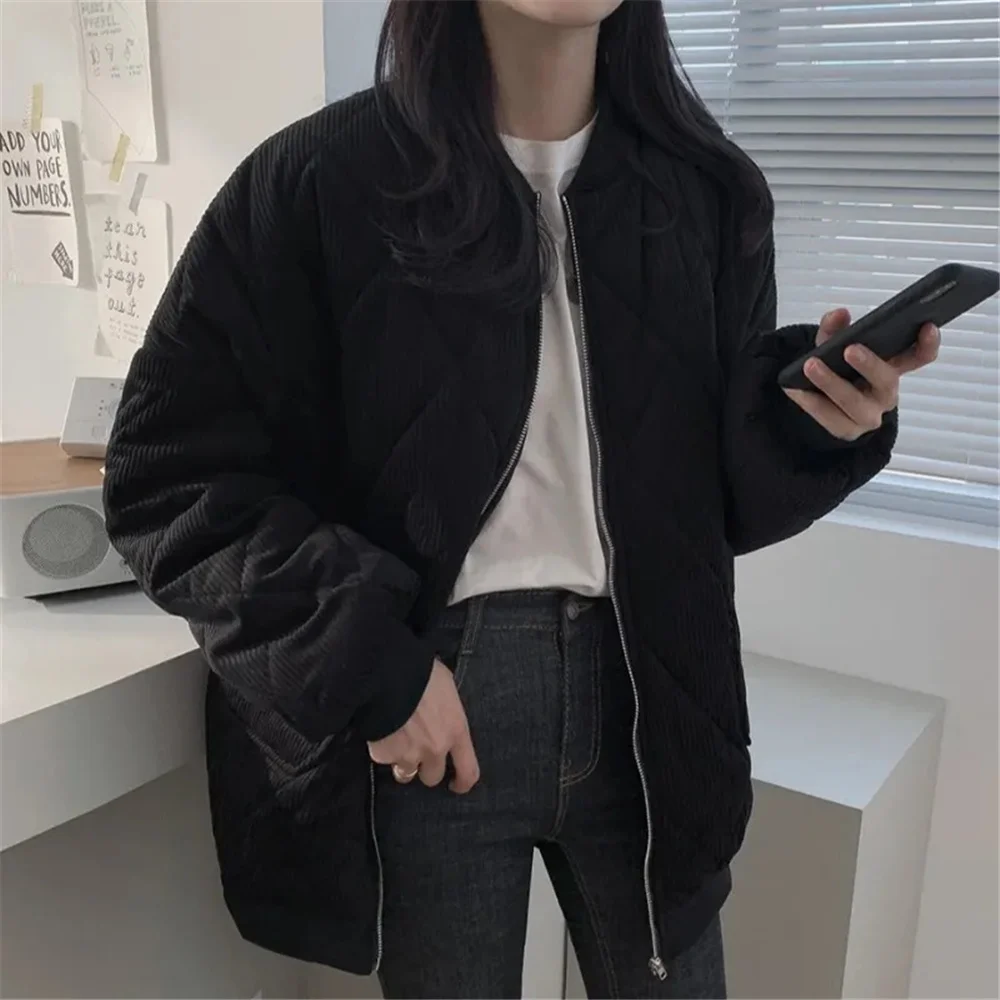 Diamond Pattern Corduroy Quilted Coat Simple Office Lady Cotton Padded Jacket Women Streetwear Clean Korean Fashion Y2k Clothing