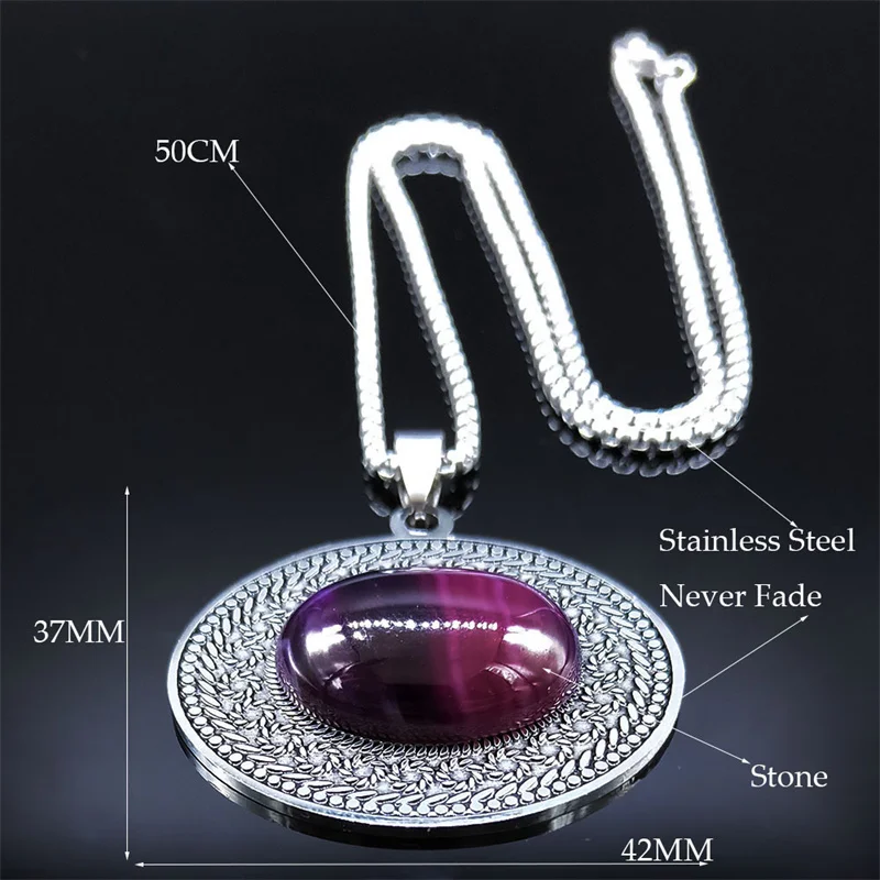 Stainless Steel Bohemia Natural Stone Vintage Necklaces Women Silver Color Oval Chain Necklace Jewelry Reiki Healing Gift N8150