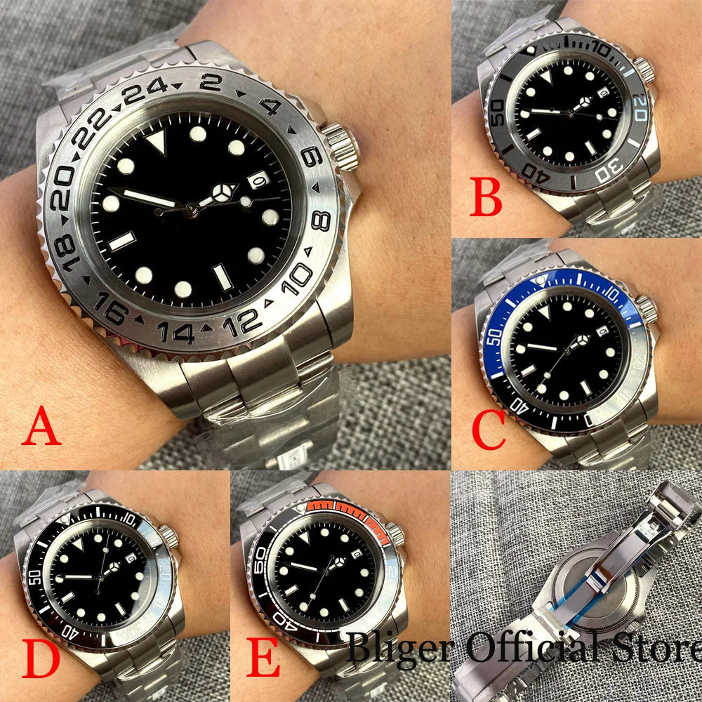 

BLIGER 43MM Dress SEA Black BIG NH35A PT5000 MIYOTA Automatic Men Watch Steel Band Rotating Bezel Ring Date Mineral Glass